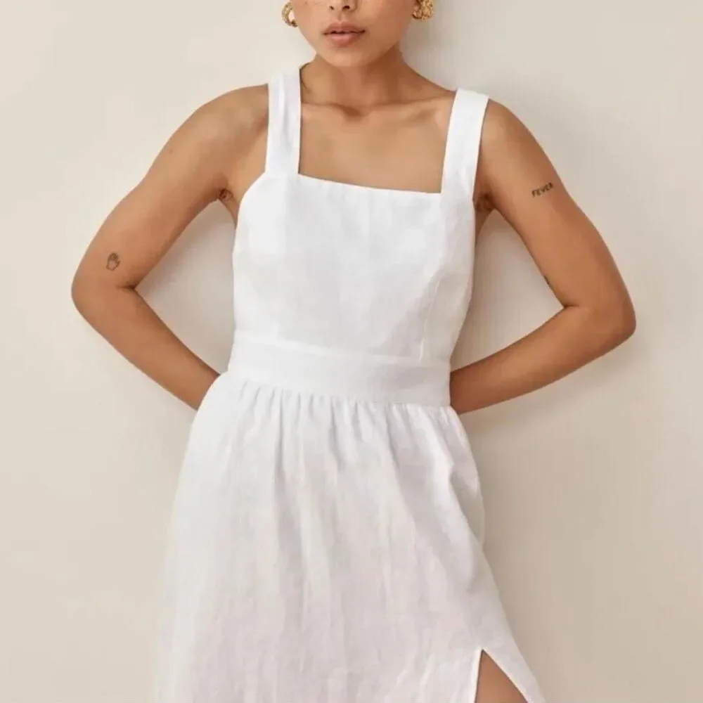 REFORMATION Elara Linen Fit & Flare Midi Dress Size 2 Sleeveless Ivory White